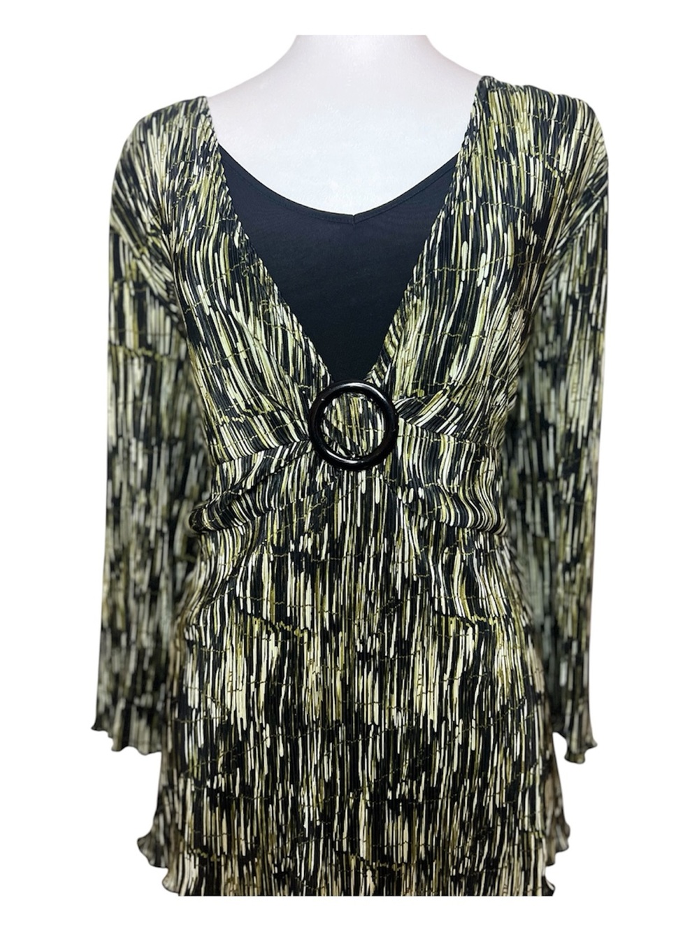 Women's Black and Olive Patterned V-Neck Blouse with Ring Detail